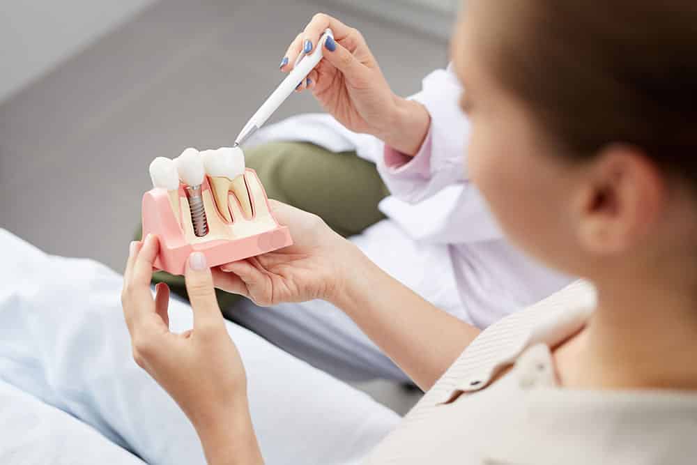 Explaining Tooth Implantation High angle view of unrecognizable young woman holding tooth model during consultation in dentists office, copy space